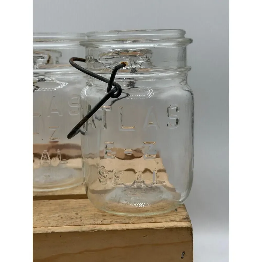 Vintage Atlas E-Z Seal Pint Mason Jars with Wire Bails (Set of 4, No Lids)- 5.5”